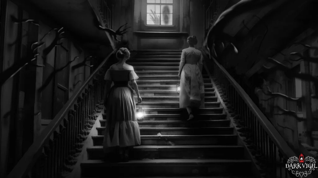 Two women dressed in Victorian clothes, climbing the stairs in an abandoned mansion whilst a Corrupted creature watches through the window and Corrupted hands reach out from the walls