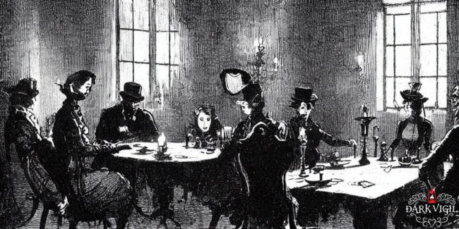 People dressed in Victorian clothing, sitting around the table