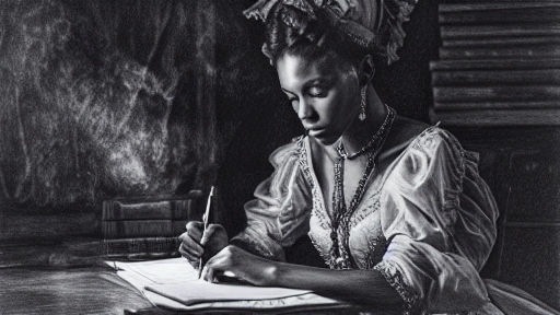 A dark-skinned woman in a formal gown writing a letter